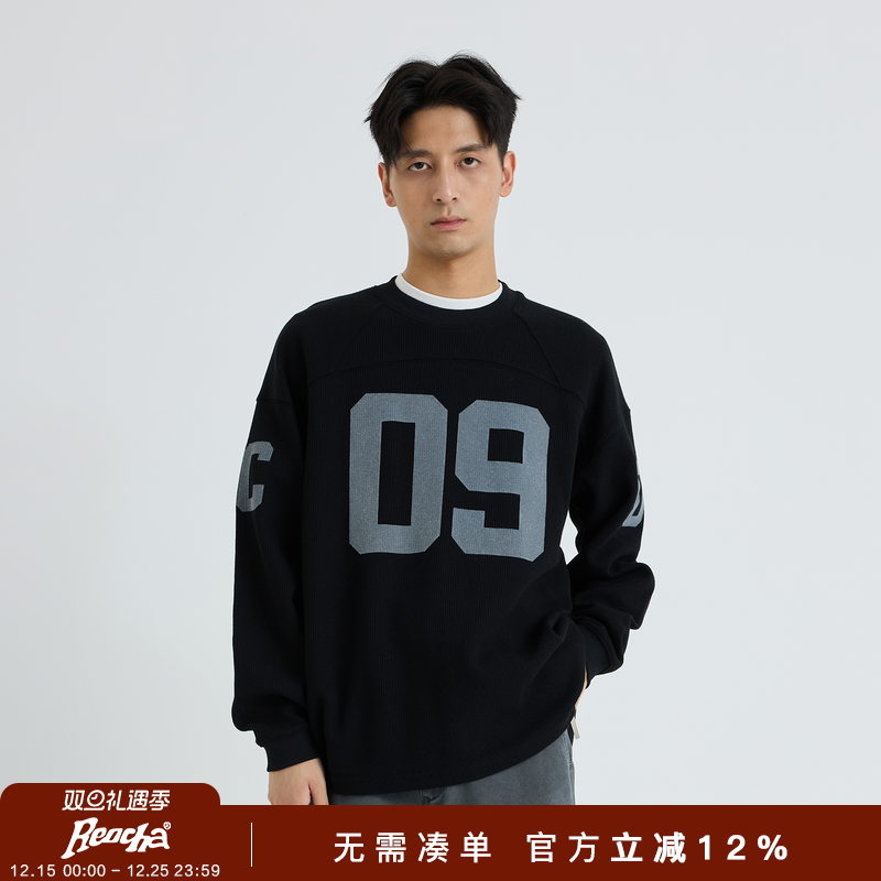 REOCHA热呈春秋植绒华夫格长袖t恤潮流美式运动vintage橄榄球服男