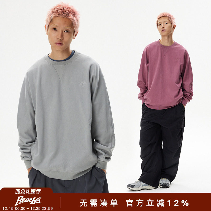 REOCHA热呈春秋刺绣结构情侣圆领卫衣男长袖重磅潮牌上衣套头衫