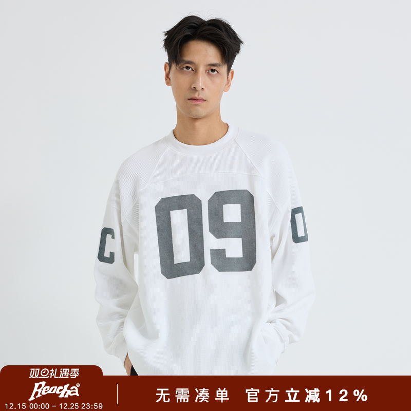 REOCHA热呈春秋植绒华夫格长袖t恤潮流美式运动vintage橄榄球服男