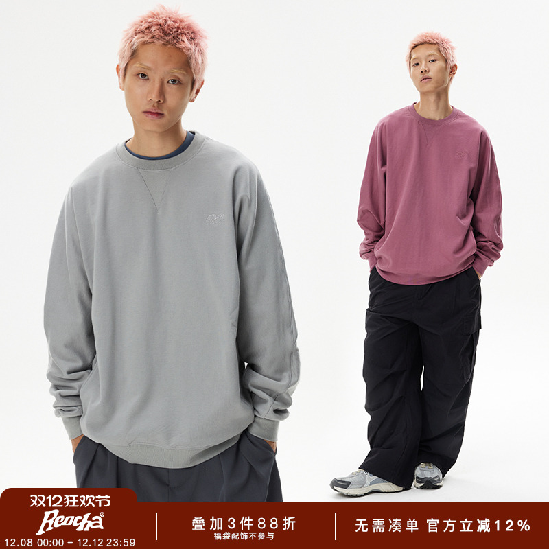 REOCHA热呈春秋刺绣结构情侣圆领卫衣男长袖重磅潮牌上衣套头衫