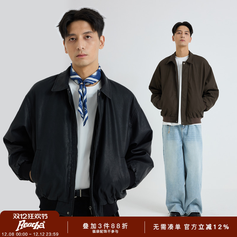 REOCHA热呈25新款秋季夹棉日系加棉短款皮衣翻领棉服行政夹克外套
