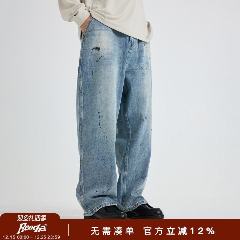 REOCHA热呈25AW新款水洗做旧cleanfit泼墨直筒牛仔裤男女