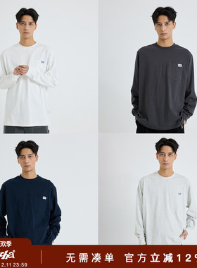 REOCHA热呈重磅纯棉275g基础口袋打底春秋长袖T恤男圆领潮牌上衣