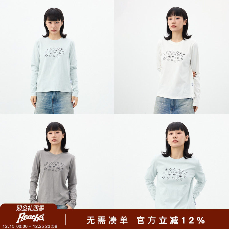 REOCHA热呈25修身简约日常通勤百搭吊坠印花打底长袖T恤打底女