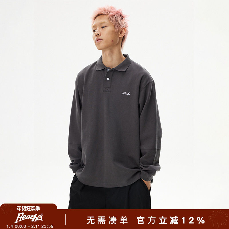 REOCHA热呈logo刺绣长袖T恤男头翻领潮牌国潮复古宽松美式POLO衫,男装,T恤,淘宝优惠券,粉丝福利购,淘宝优惠卷