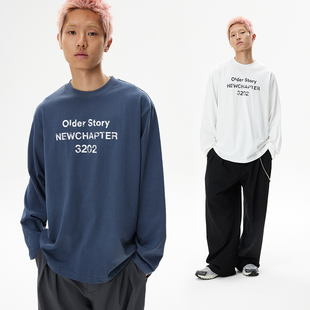 REOCHA热呈春秋复古标语印花圆领宽松打底上衣国潮情侣长袖 T恤男