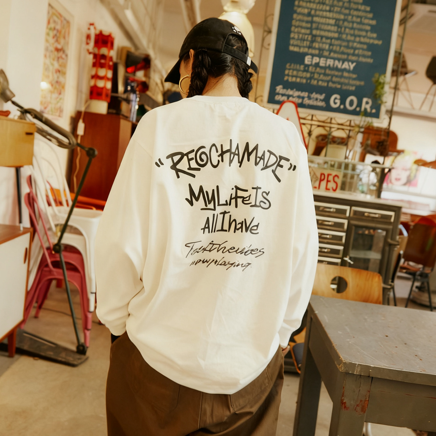 REOCHA热呈25AW纯棉重磅打底复古美式背后涂鸦印花长袖T恤男宽松