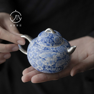 青花珐琅彩鎏银茶壶复古家用泡茶壶功夫茶具陶瓷茶壶郑文强老师作
