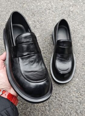 头层小牛皮大头皮鞋男士商务英伦鱼鳞纹防滑欧美透气一脚蹬乐福鞋