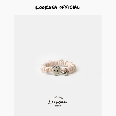 Looksea official百搭可爱黑白猫咪字牌肠圈少女扎发头绳学生发圈