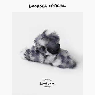 Looksea official气质毛绒豹纹条抓夹少女心后脑勺发抓日韩鲨鱼夹
