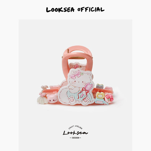 Looksea official日系亚克力镶钻猫咪抓夹女甜美后脑勺学生鲨鱼夹