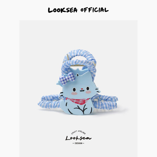 Looksea official卡通绕布蝴蝶结红色围巾小猫抓夹甜美半扎鲨鱼夹