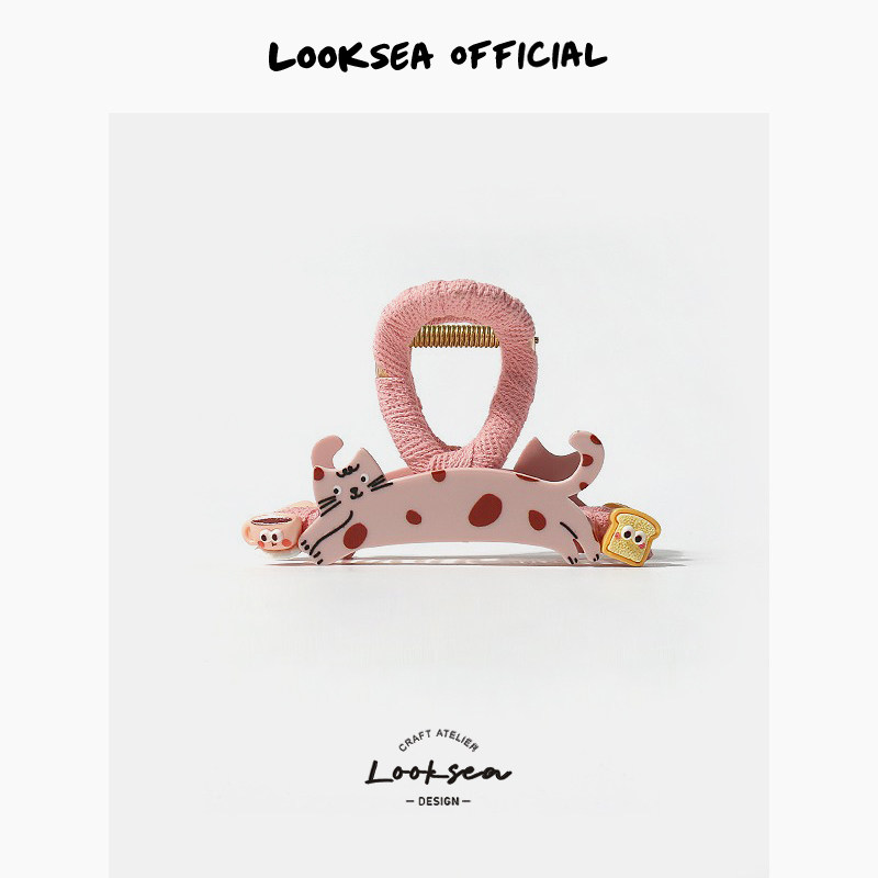 Looksea official趣味长条猫咪绕布抓夹可爱鲨鱼夹后脑勺盘发夹子