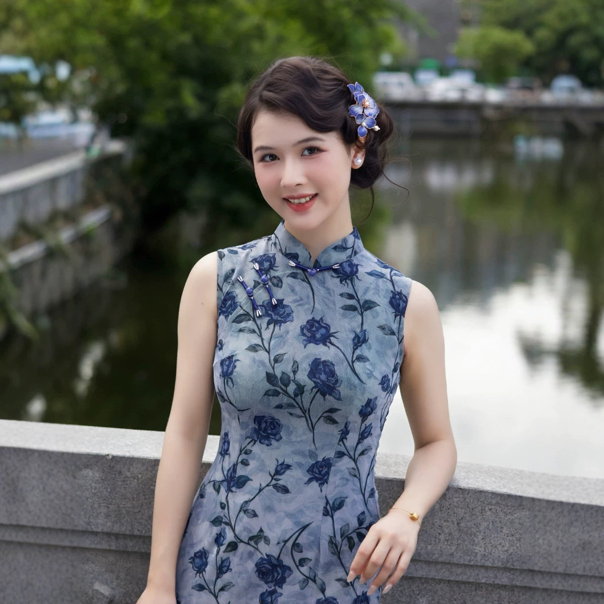 M蓝色年轻款少女感新中式改良弹力修身日常出片旗袍连衣裙夏新款