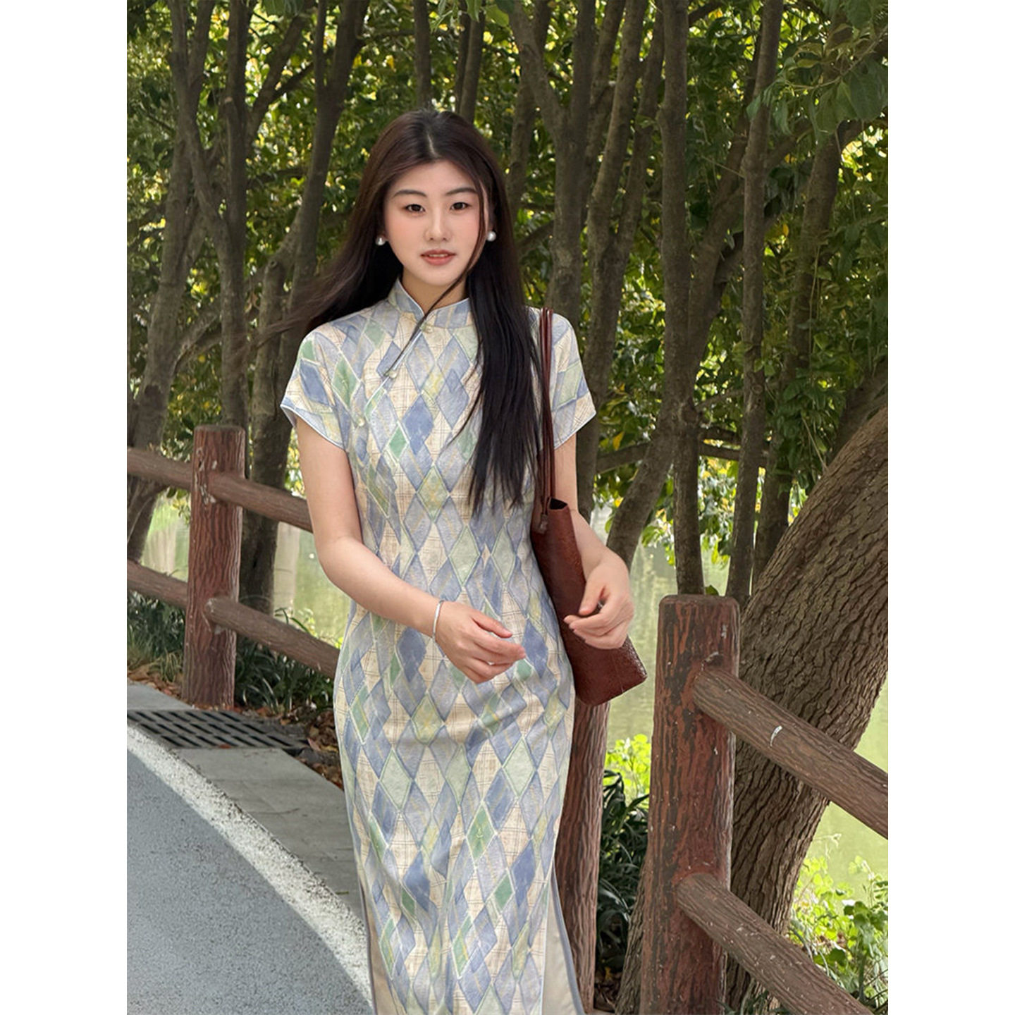 L复古格子新中式气质年轻款少女感改良旗袍日常可穿连衣裙夏