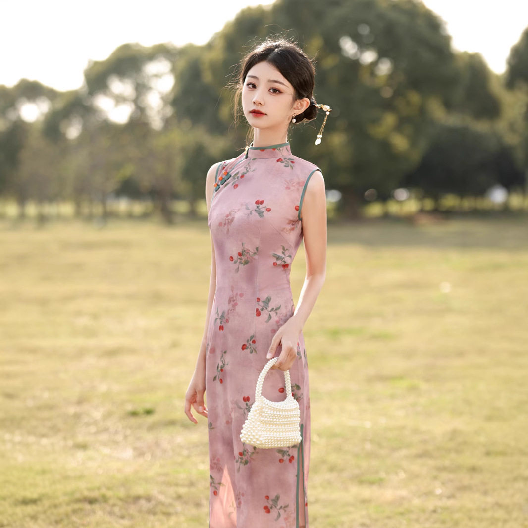 M清新素雅淡粉红色中式瑞士网古典风日常修身少女改良旗袍