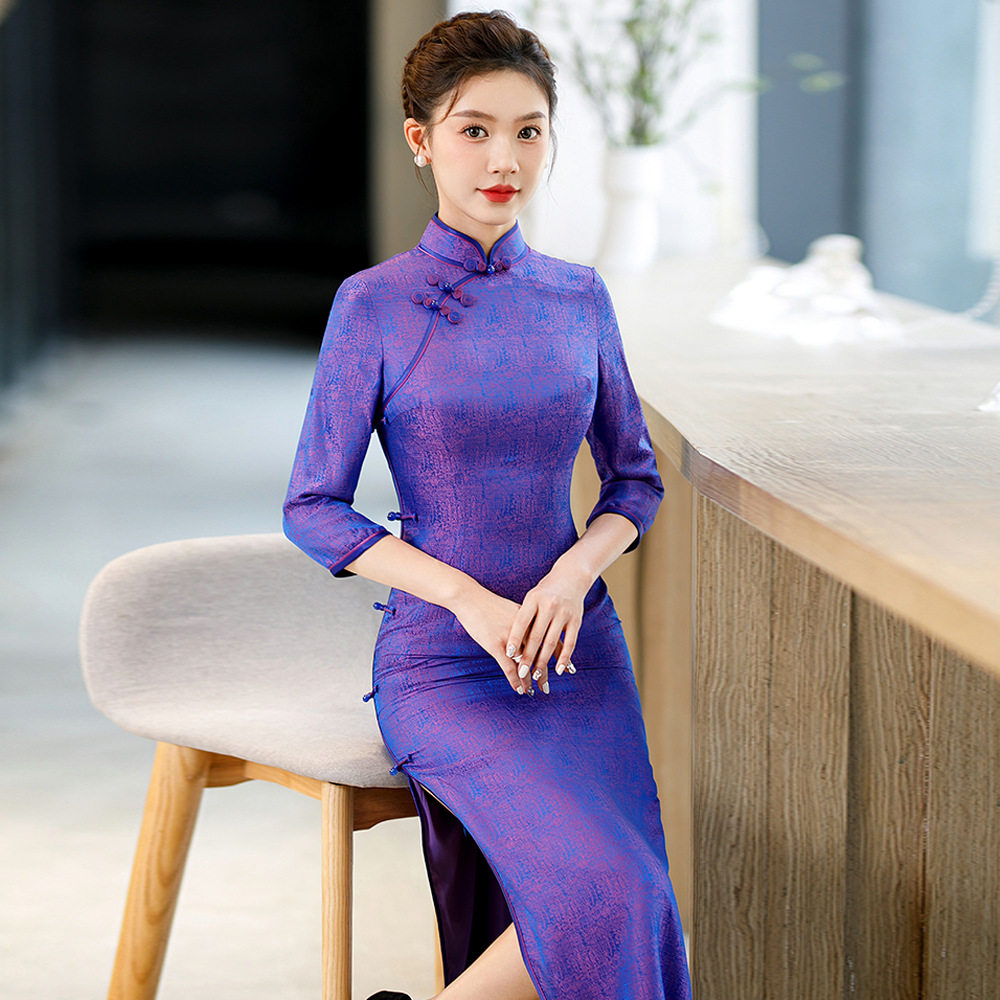 蓝紫色喜婆婆喜妈妈婚宴敬酒真丝提花桑蚕丝长款七分中袖旗袍秋冬