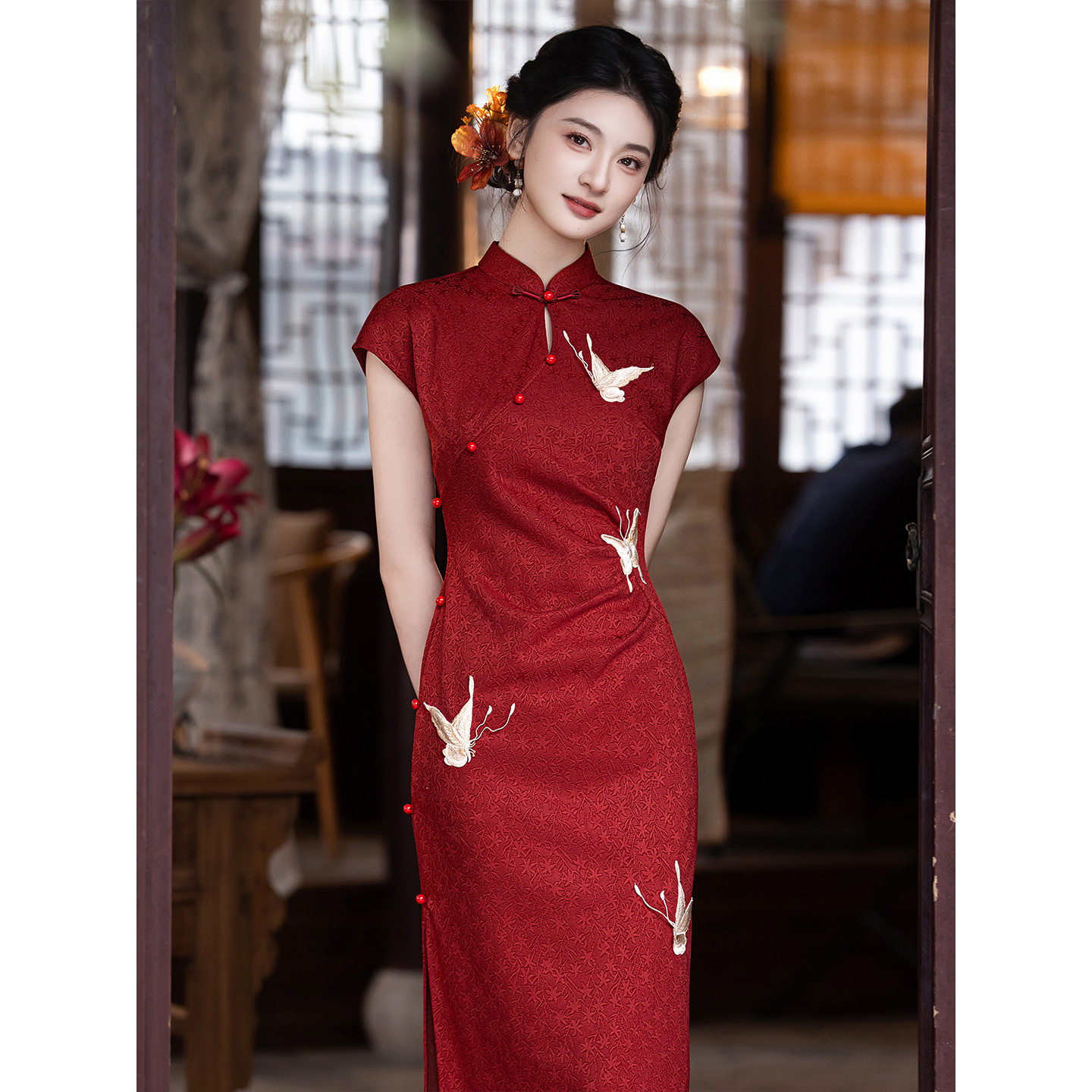 l红色提花新中式旗袍敬酒款订婚服年轻漂亮掐腰感绝美高端礼服