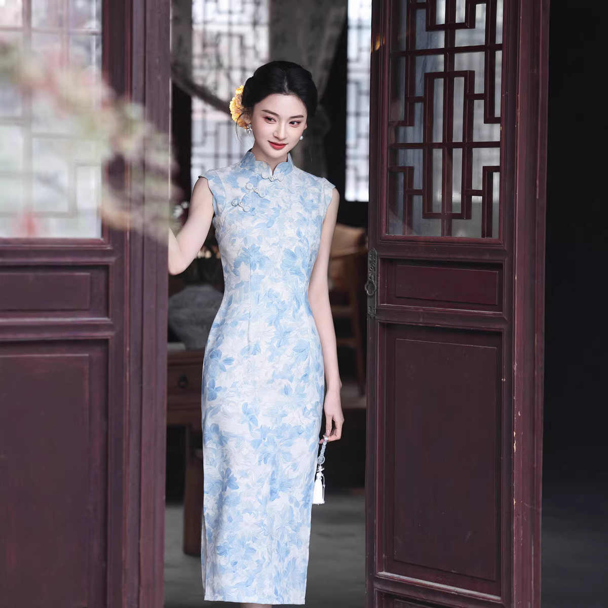M蓝色无袖旗袍2026新款改良女夏季绝美新中式日常可穿民国风女装