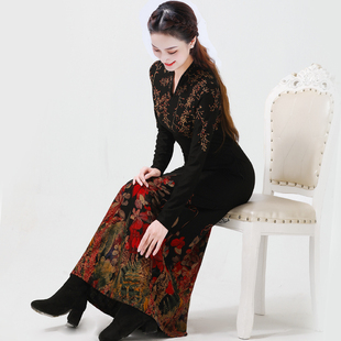 加绒加厚高贵气质夫人妈妈改良旗袍修身 连衣长裙2023秋冬胖mm大码