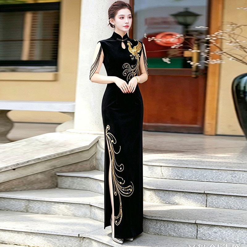 黑金凤凰无袖钉珠走秀超长款舞台表演出服气质连衣裙旗袍2026新款
