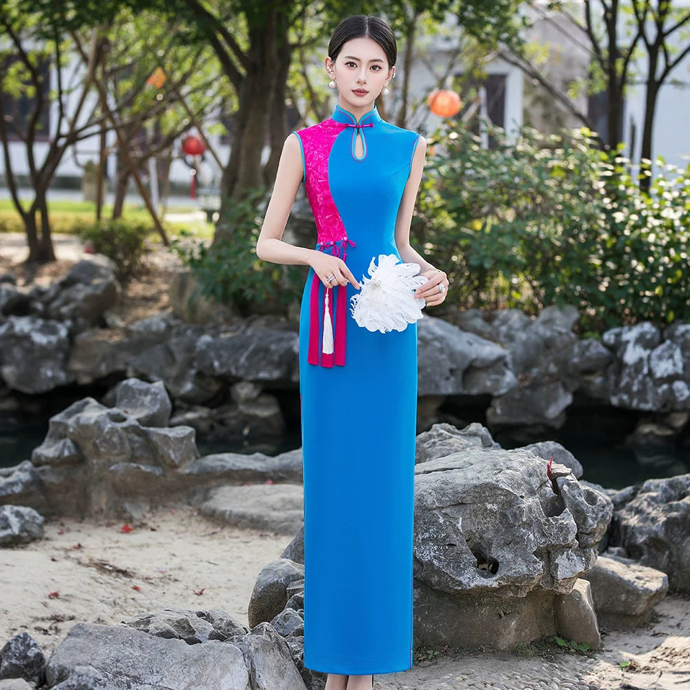 Y拼接长款走秀舞台表演形体服高端优雅修身演出服旗袍2026年新款