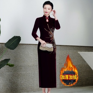 秋冬加绒加厚丝绒改良旗袍长款长袖喜婆婆婚礼服敬酒服连衣裙
