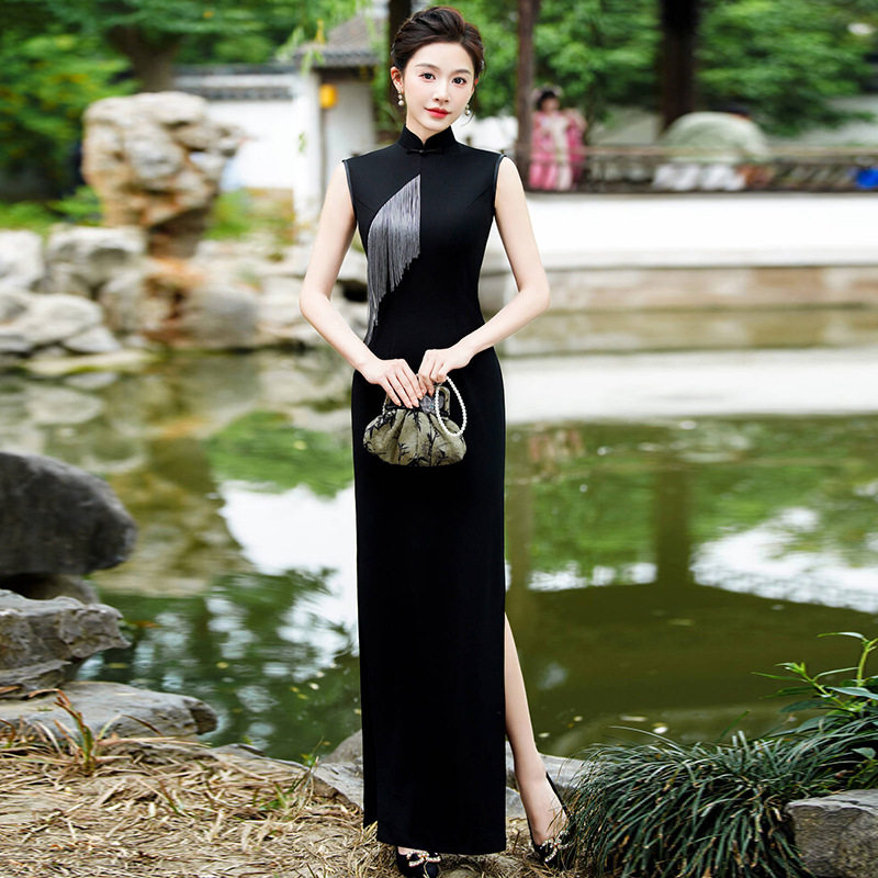 Y走秀旗袍流苏黑色无袖改良中式超长款修身演出服装连衣裙