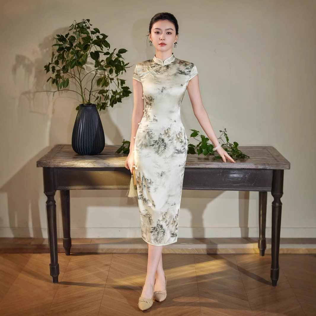 高端桑蚕丝真丝中长款水墨画旗袍短袖复古年轻款新款夏小个子