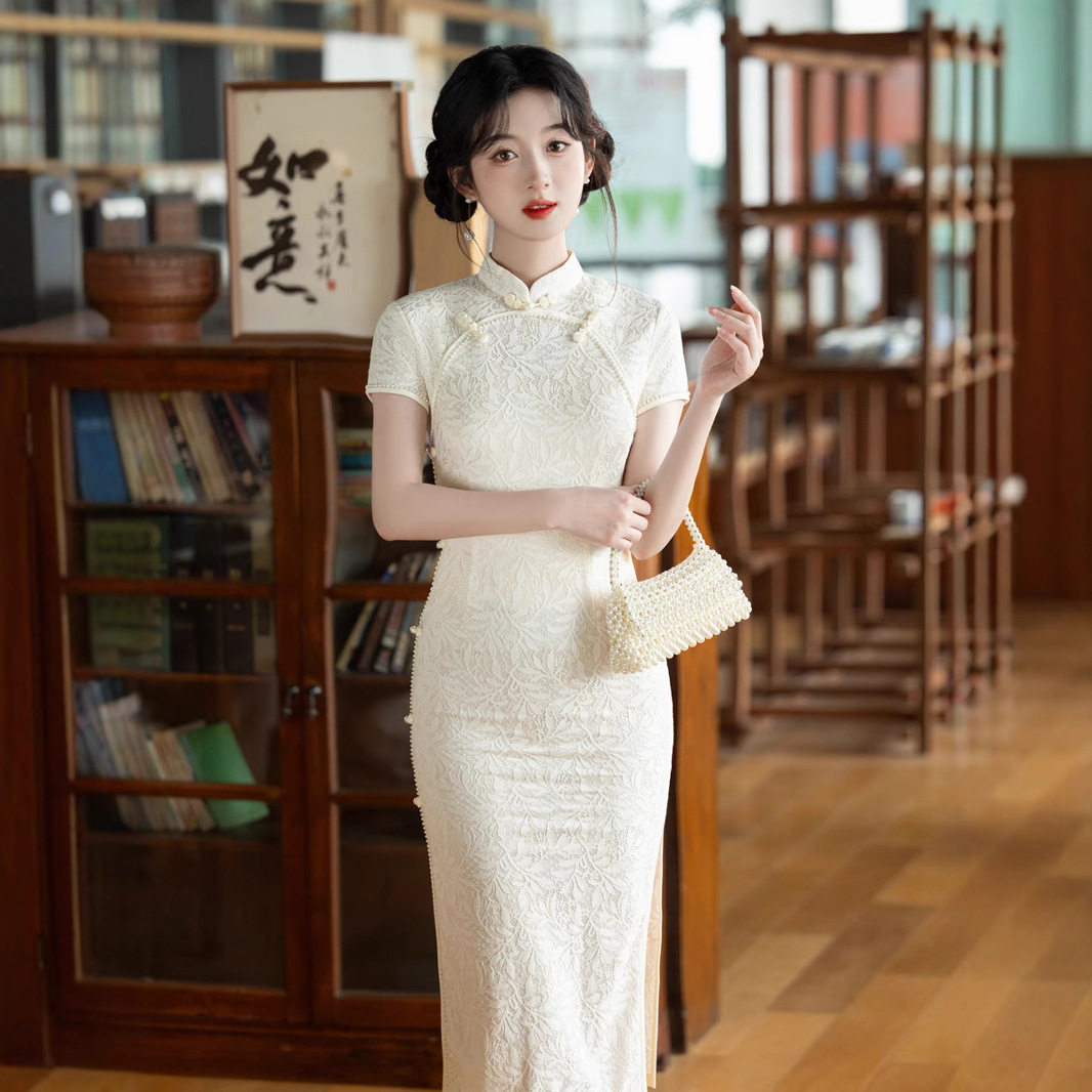 M杏色蕾丝民国风年轻款气质少女日常新中式登记领证结婚旗袍裙夏