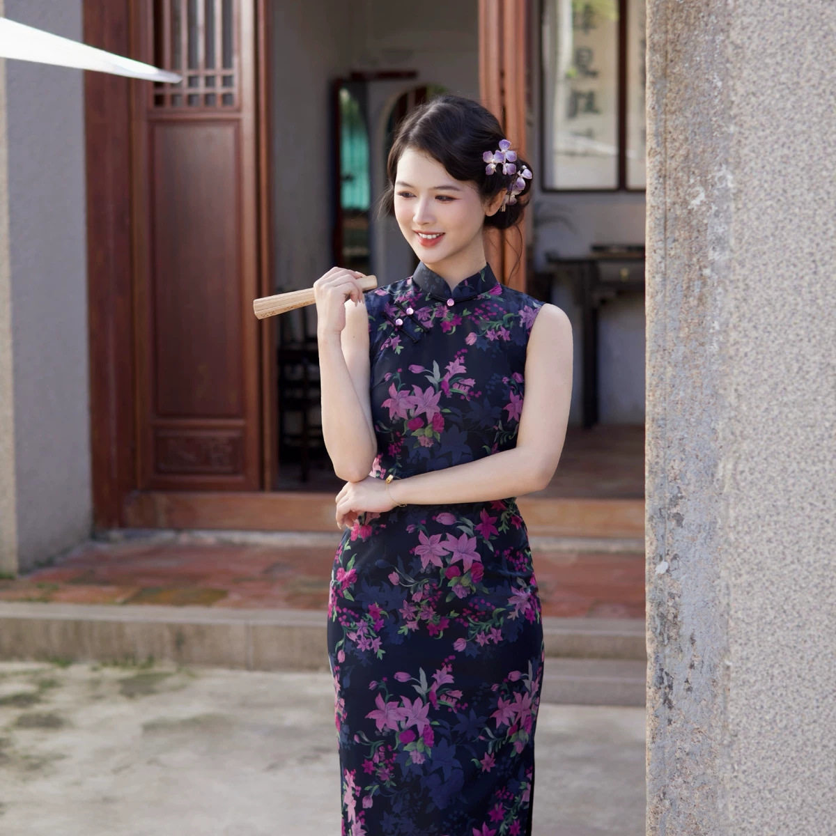 M弹力纱网旗袍原创花色国风复古新中式无袖旗袍长款江南风优雅