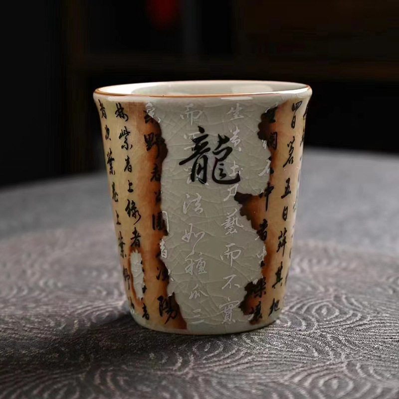 中式手绘陶瓷可乐杯饮料茶水杯哥窑青花满彩青瓷水杯可爱主人单杯