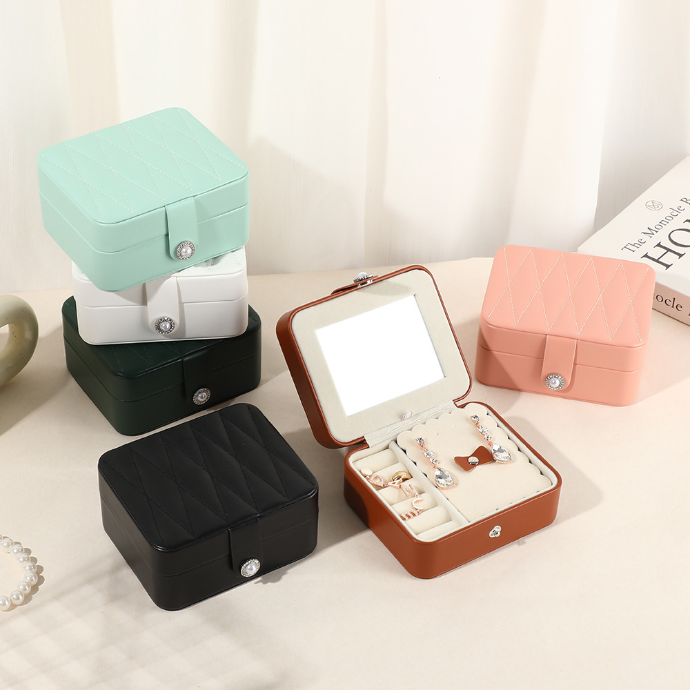 简约PU皮革镜子首饰盒迷你便携饰品包装盒小号戒指耳钉珠宝收纳盒