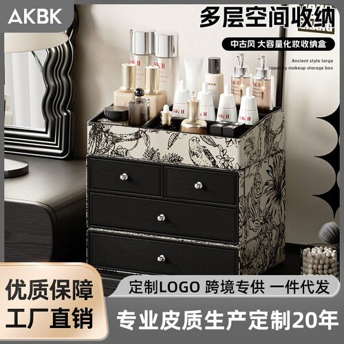 化妆品收纳盒皮革高级感桌面大容量分类化妆刷口红梳妆台置物架