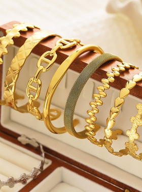 欧美复古金色手镯 不规则钛钢手环 C形开口不锈钢可调节手镯女