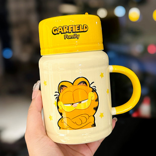 可爱卡通加菲猫陶瓷马克杯带盖少女心水杯家用早餐杯牛奶杯伴手礼