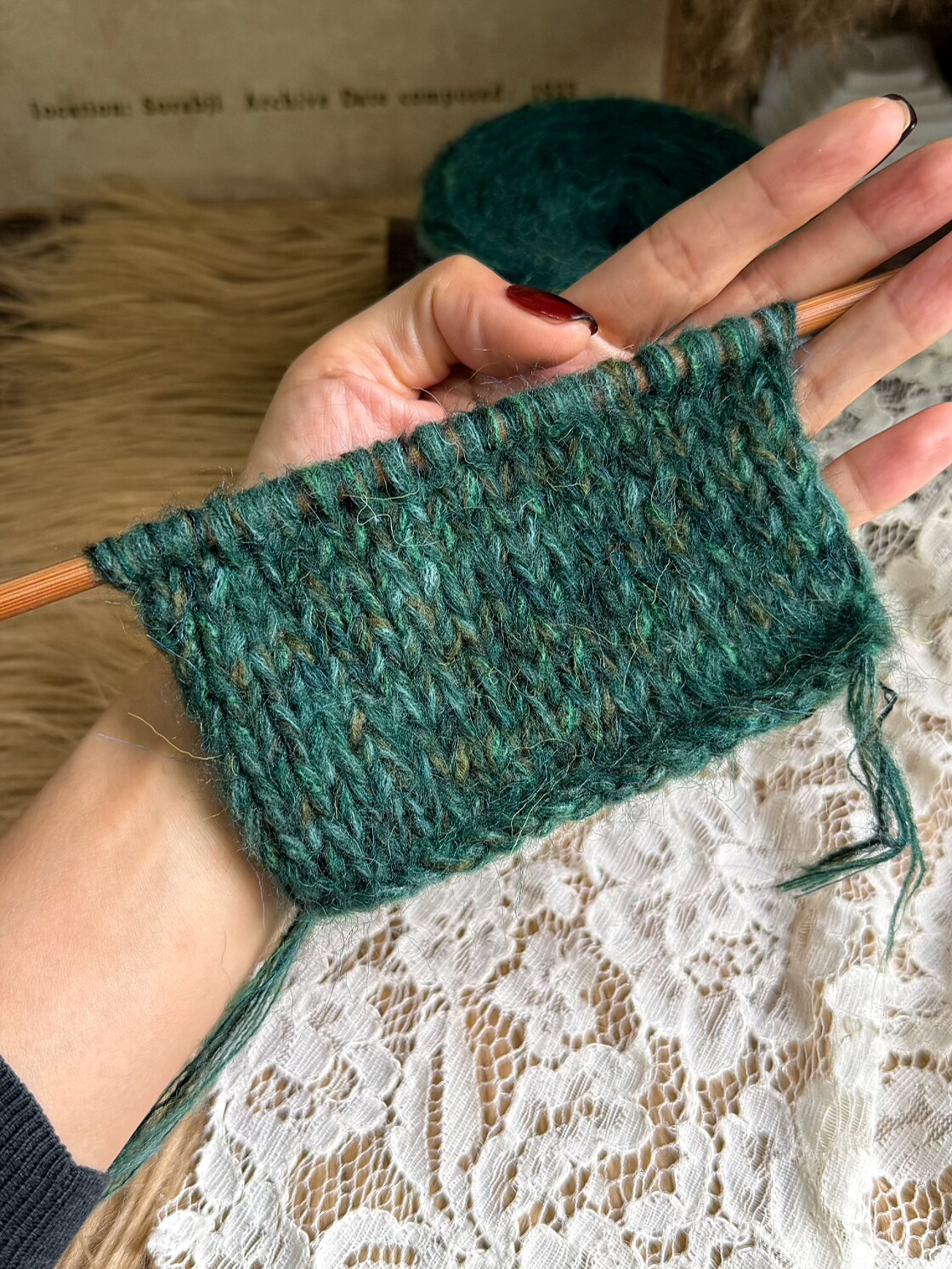 咿唔手混线-深绿色复古风特色孤品钩针棒针编织毛线围巾帽子包包