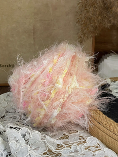 咿唔手混线-浅粉色长毛仿貂粉黄钩针棒针编织毛线帽子包包手工diy