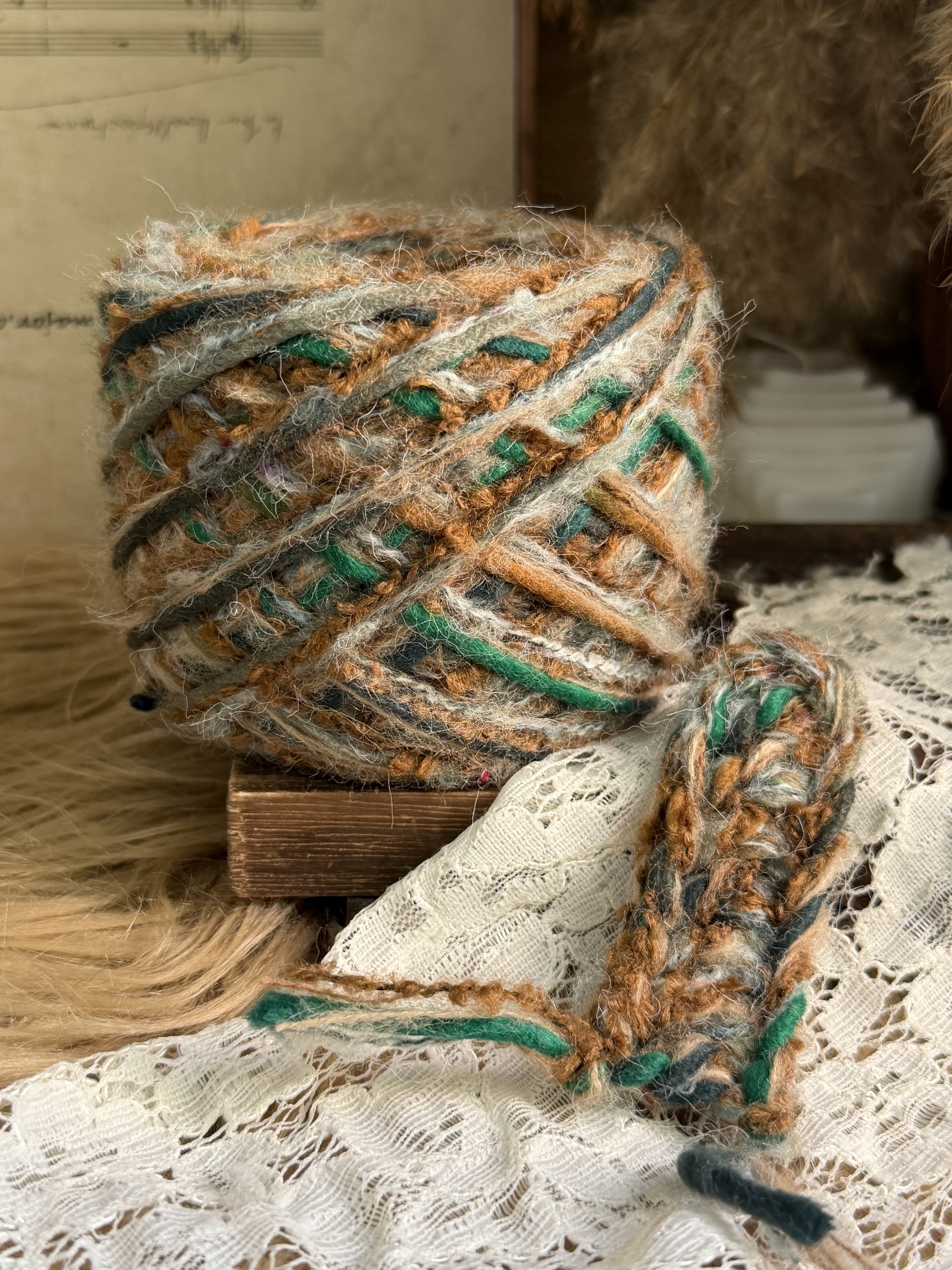 咿唔手混线-特色孤品复古浅灰棕绿钩针棒针编织毛线围巾帽子包包