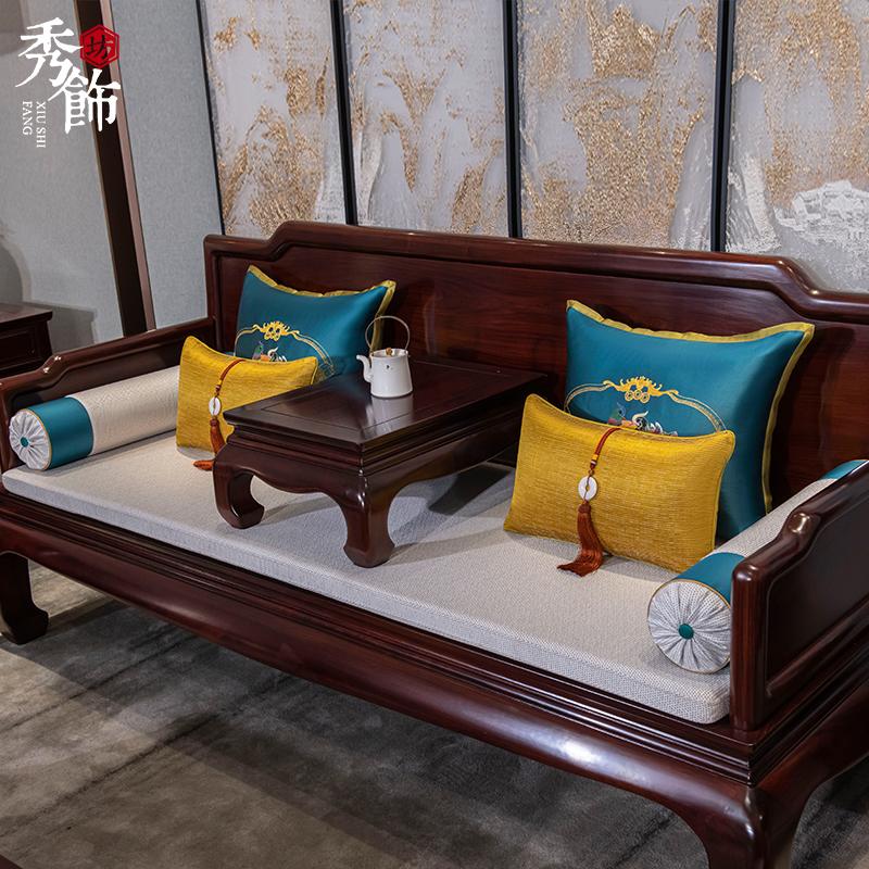 新中式软体沙发大靠背鸳鸯戏水刺绣云朵枕红木沙发坐垫罗汉床垫子