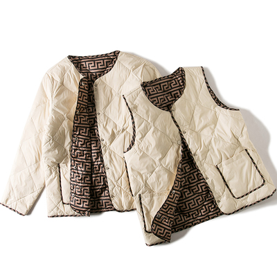 小香风无领拼色轻薄羽绒服