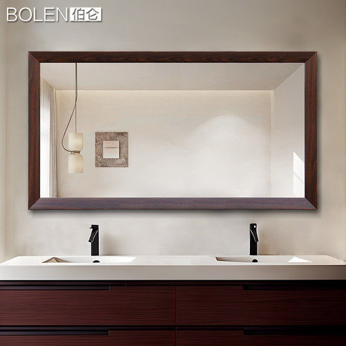 BOLEN 中古浴室镜子挂墙式卫生间洗手台卫浴镜新中式胡桃木色镜子