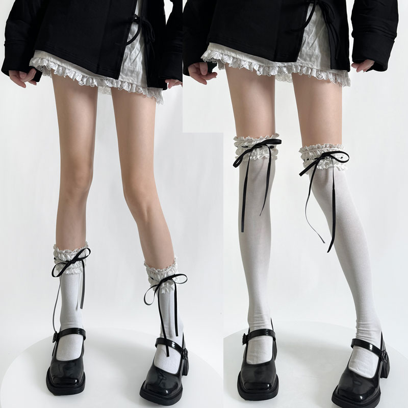 日系甜美蕾丝花边过膝袜绑带长筒高筒小腿袜lolita女蝴蝶结棉袜子