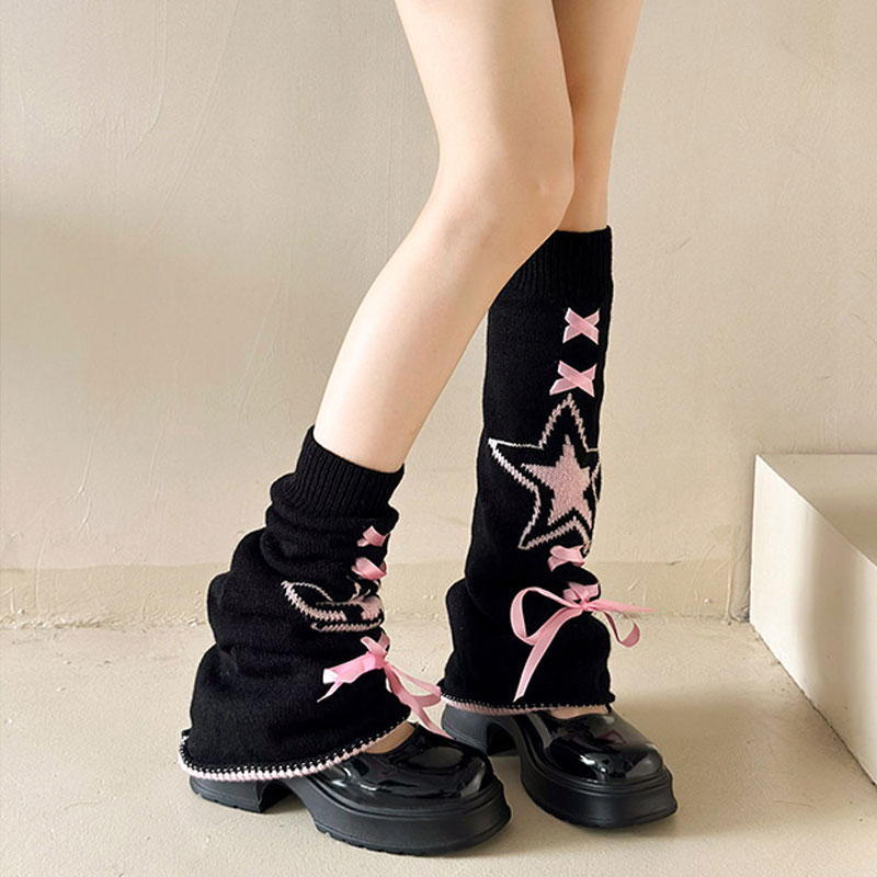 星星绑带蝴蝶结袜套黑粉腿套小腿