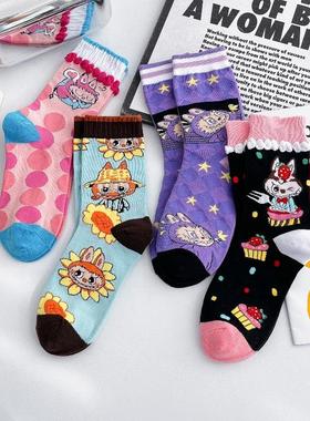 4双网红多巴胺色系袜卡通Tycoco女袜LABUBU短袜拉布布袜子中筒袜
