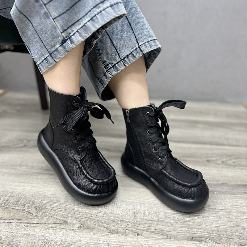 系带马丁靴松糕头层牛皮短靴子女