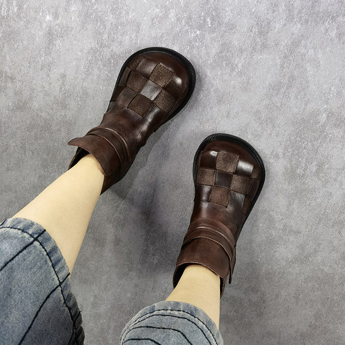 大圆头娃娃编制马丁靴魔术贴短靴