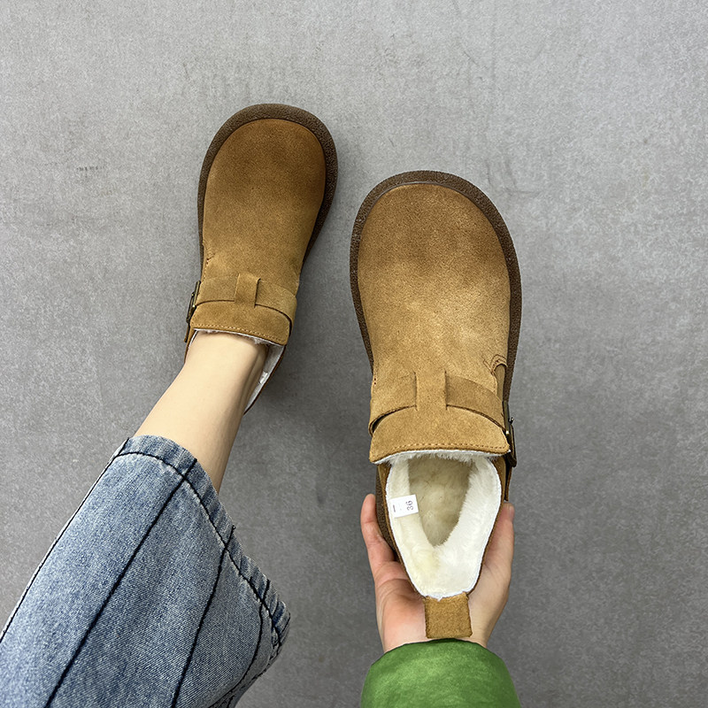 艺鞜2025年冬季新款真皮厚底雪地靴搭扣羊皮毛一体防滑保暖棉靴女