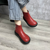 艺鞜2026年秋季 新款 真皮厚底侧拉链红色短靴松糕大圆头娃娃马丁靴